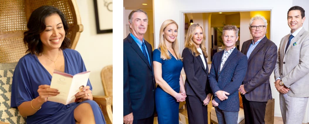 Split image showing a woman in a blue dress smiling while reading a pamphlet on the left, and a group of six La Jolla Cosmetic Surgery Centre providers standing indoors and posing for a photo on the right.
