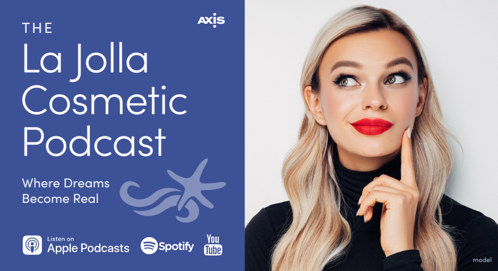 The La Jolla Cosmetic Podcast logo with picture of Blonde woman wearing a black turtleneck and red lipstick holding her finger next to her mouth thinking