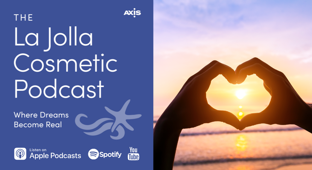 The La Jolla Cosmetic Podcast Logo with picture of Heart hands held up at the beach at sunset