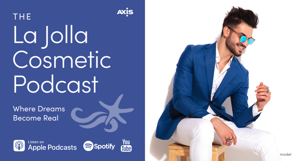 The La Jolla Cosmetic Logo with picture of Man wearing sunglasses and a blue blazer against a white backdrop