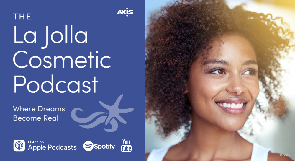 The La Jolla Cosmetic Podcast logo with picture of Young African-American woman looking off camera smiling