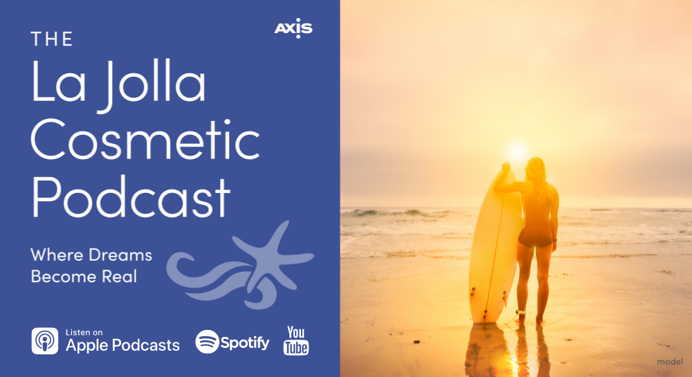 The La Jolla Cosmetic Podcast logo with Picture of a woman holding her surfboard at the seaside looking at the sunset