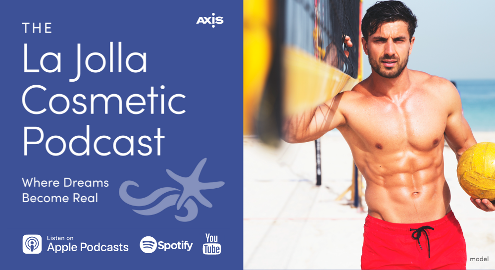The La Jolla Cosmetic Podcast with picture of a Shirtless man holding a volleyball at the beach