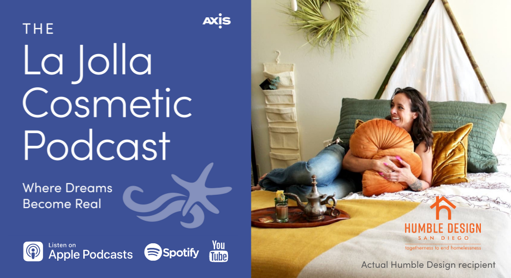 The La Jolla Cosmetic Podcast logo, picture of Humble Design client lying on her bed, Humble Design Logo