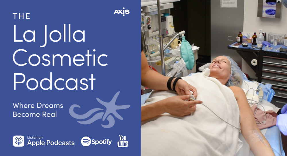 The La Jolla Cosmetic Podcast logo with photo of Laura Cain lying on operating table, with a nurse hooking up an IV