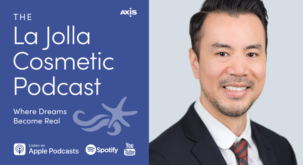 The La Jolla Cosmetic Podcast logo with Portrait of Khanh Nguyen , FNP-C