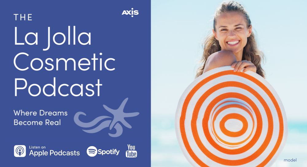 La Jolla Cosmetic Podcast logo and Happy woman at the beach holding an orange and white striped hat