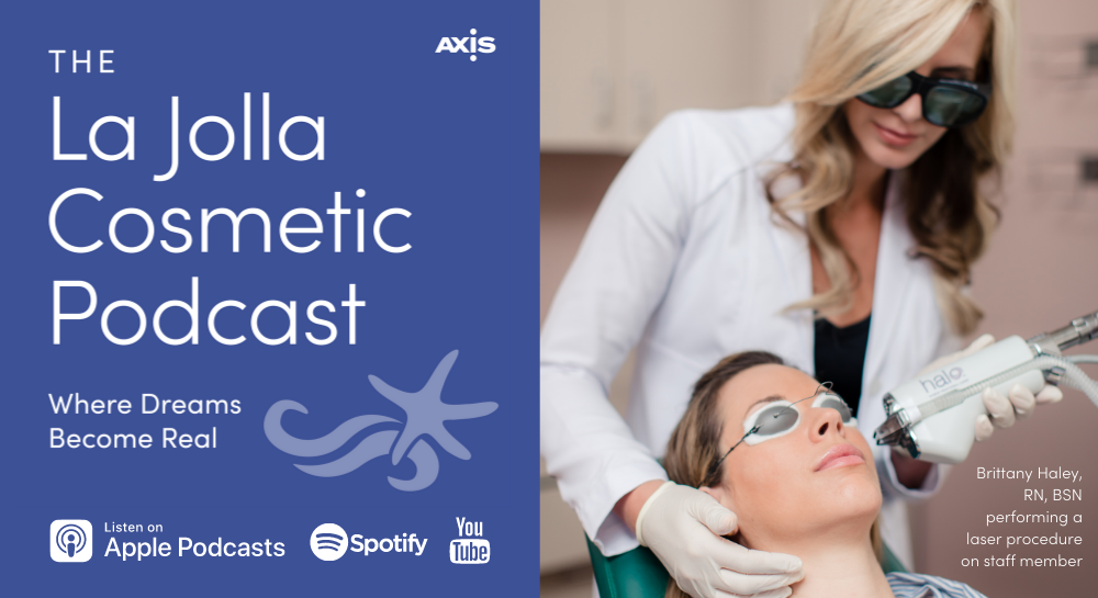 The La Jolla Cosmetic Podcast logo and picture of Brittney Haley, RN performing a laser treatment