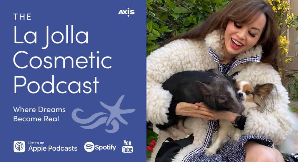 [The La Jolla Podcast where dreams become real] logo - Portrait of Camille with her Dog and Pig