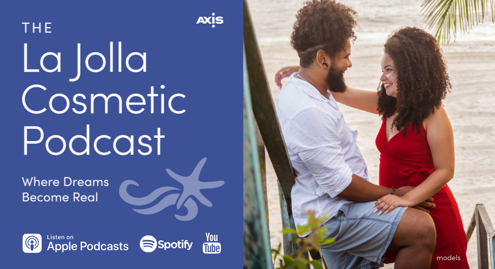 La Jolla Cosmetic Podcast Logo and a photo of a loving couple facing each other standing at the beach with palm trees