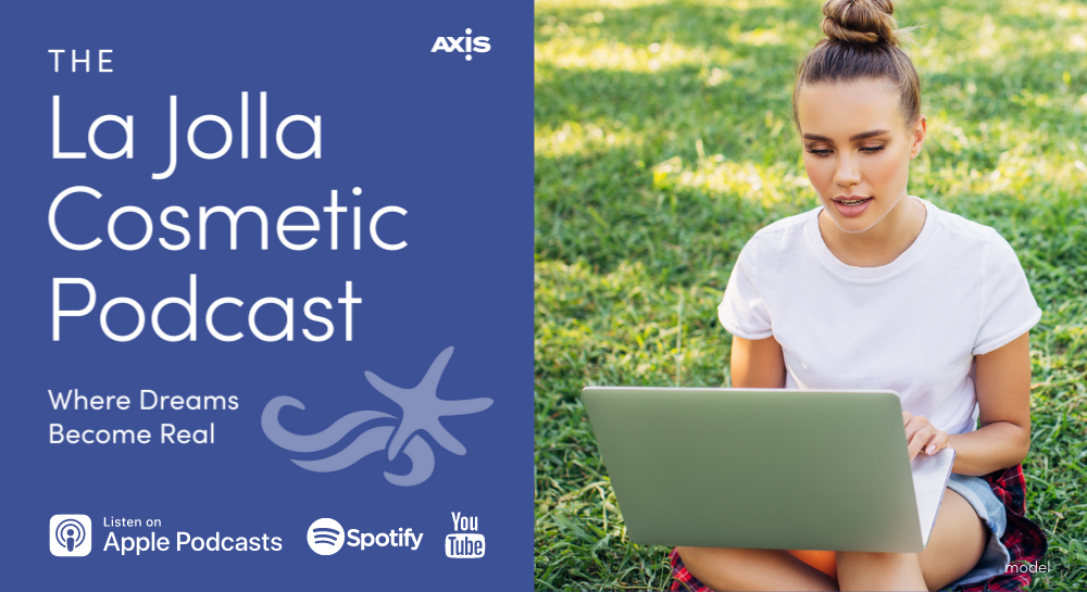 [The La Jolla Podcast where dreams become real] logo - woman sitting on the grass with a laptop on her lap