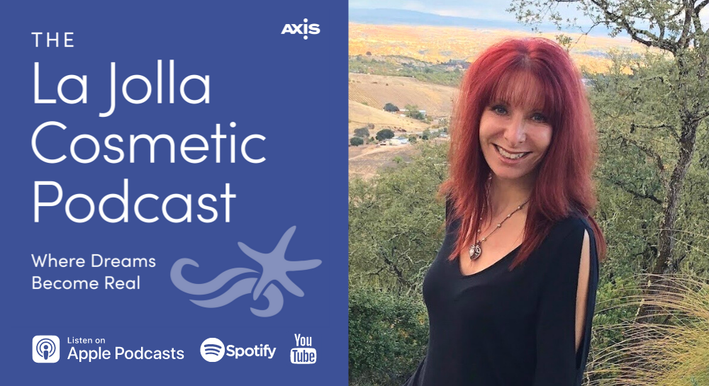 The La Jolla Cosmetic Podcast logo and photo of Halo Patient Sandra standing in nature