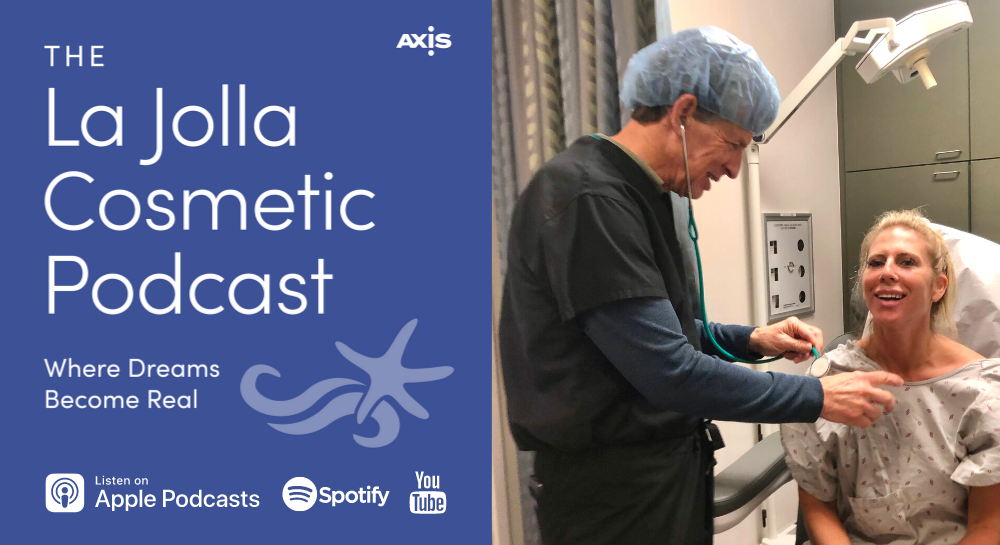 La Jolla Cosmetic Podcast Logo and picture of Steve Saltz MD with patient before surgery