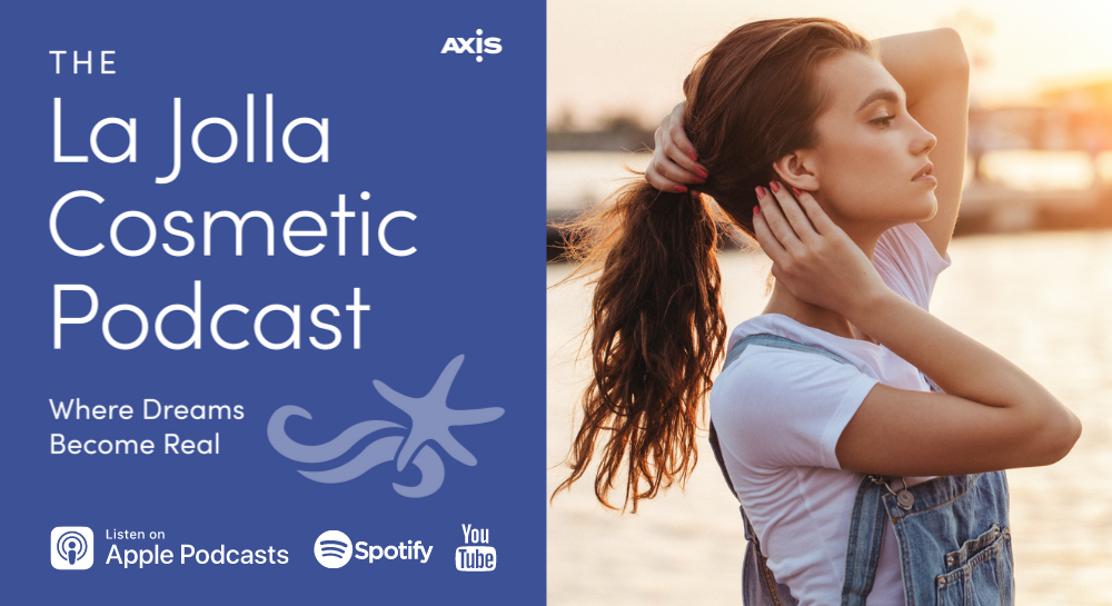 The La Jolla Cosmetic Podcast logo with a photo of a brunette woman in profile at sunset holding back her hair