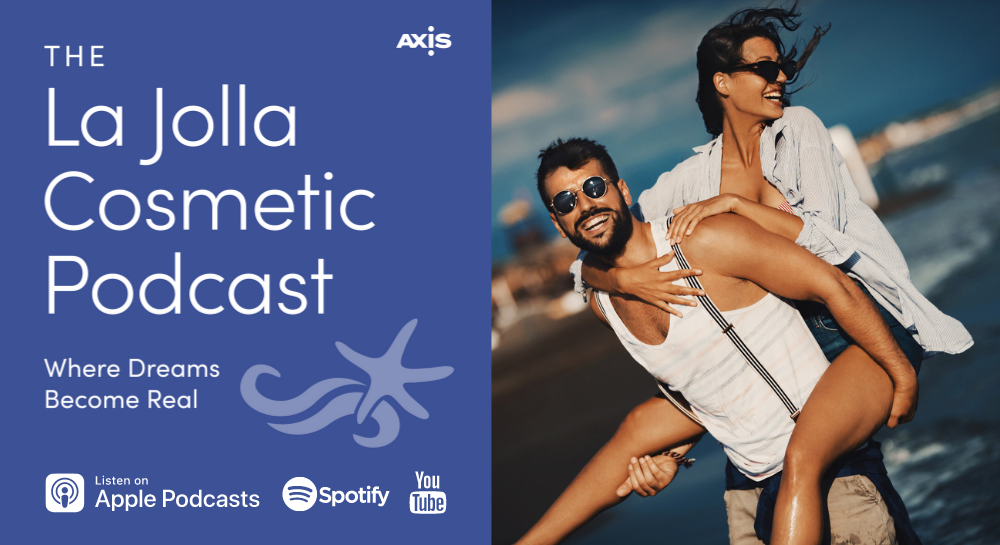 La Jolla Cosmetic Podcast logo and photo of a young couple having fun on the beach
