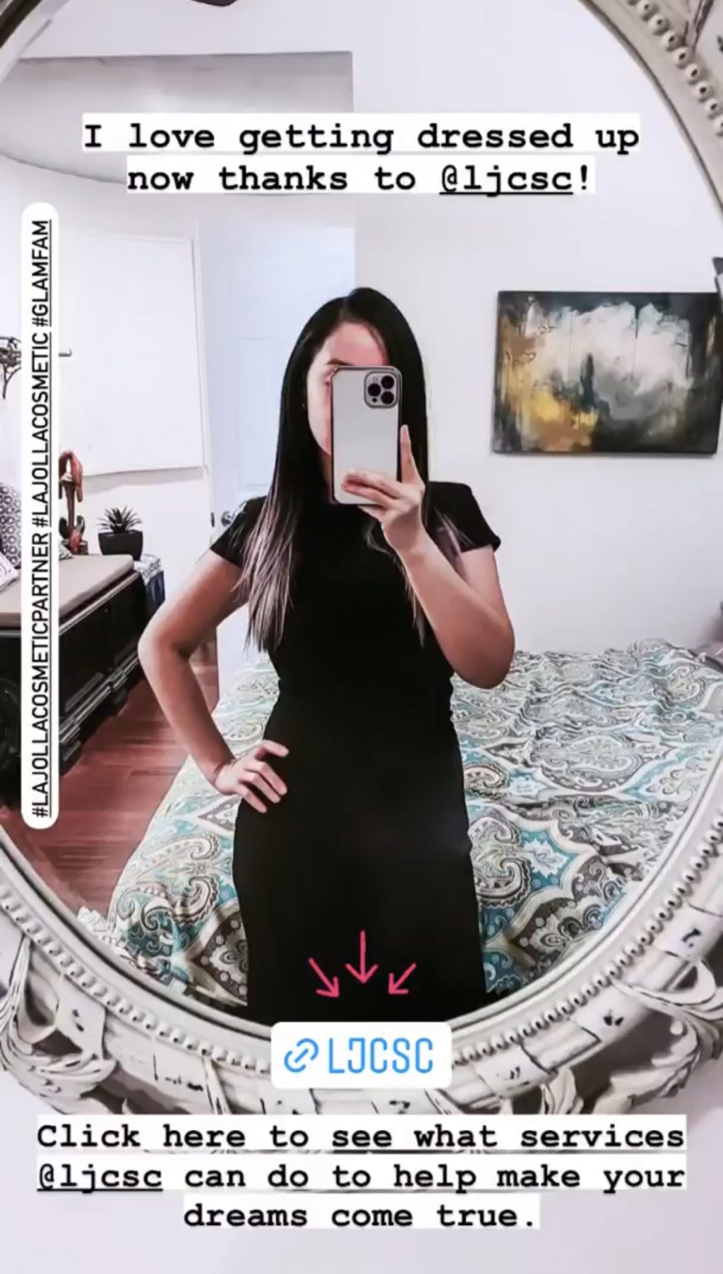 A mirror selfie of Fatima standing confidently in a semi-tight dress after receiving CoolScultping treatments at LJC, with the caption "I love getting dressed up now thanks to @ljcsc!"