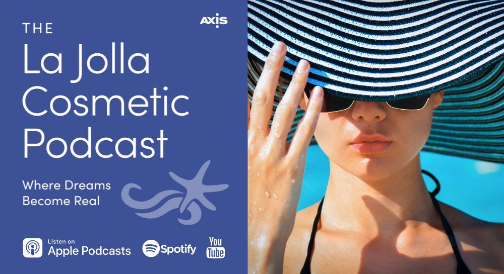 The La Jolla Cosmetic Podcast logo and a photo of a woman in a black and white hat pulling the brim over her eyes.
