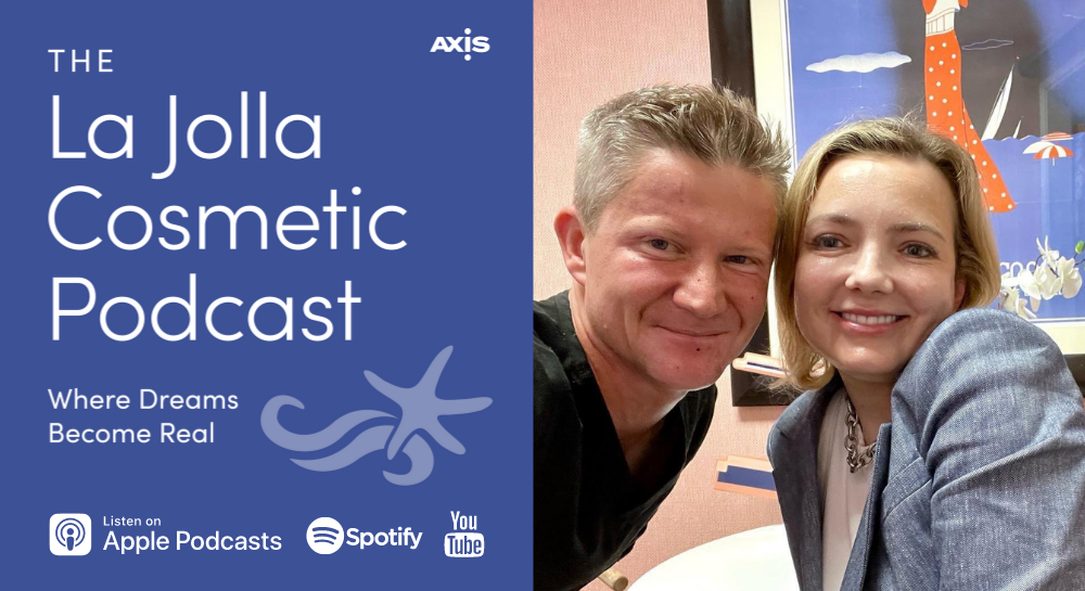 The La JOlla Cosmetic Podcast logo and image of Drs. Swistun smiling on their laser date