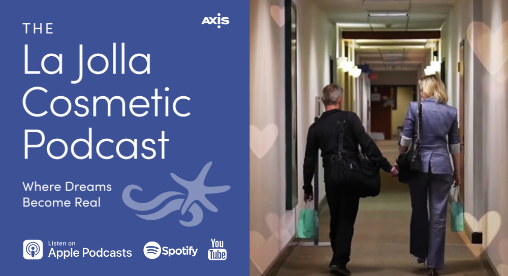 The La Jolla Cosmetic Podcast logo and a photo of Drs. Swistun walking down the hallway after their Halo laser treatment date