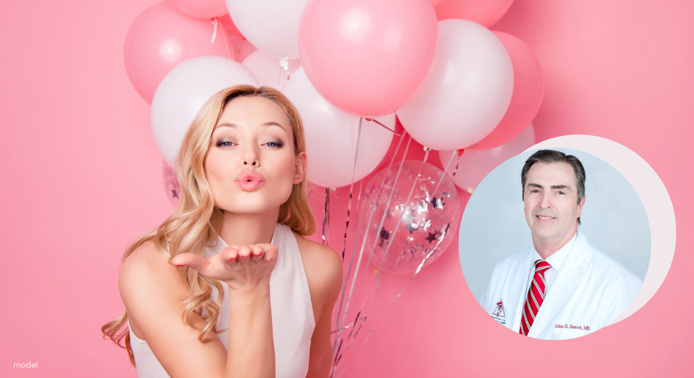 Woman holding balloons blowing a kiss to the camera, inset photo of John Smoot, MD