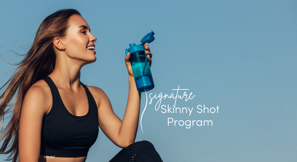 Brunette model wearing workout clothes and holding a water bottle [La Jolla Cosmetic Signature Skinny Shot, model]