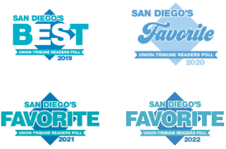 Logos for San Diego's Best/Favorite Union-Tribune Readers Poll for 2019, 2020, 2021, & 2022.