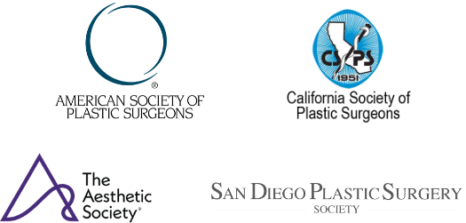 Dr. Salazar's credential logos including American Society of Plastic Surgeons, California Society of Plastic Surgeons, The Aesthetic Society, & San Diego Plastic Surgery Society