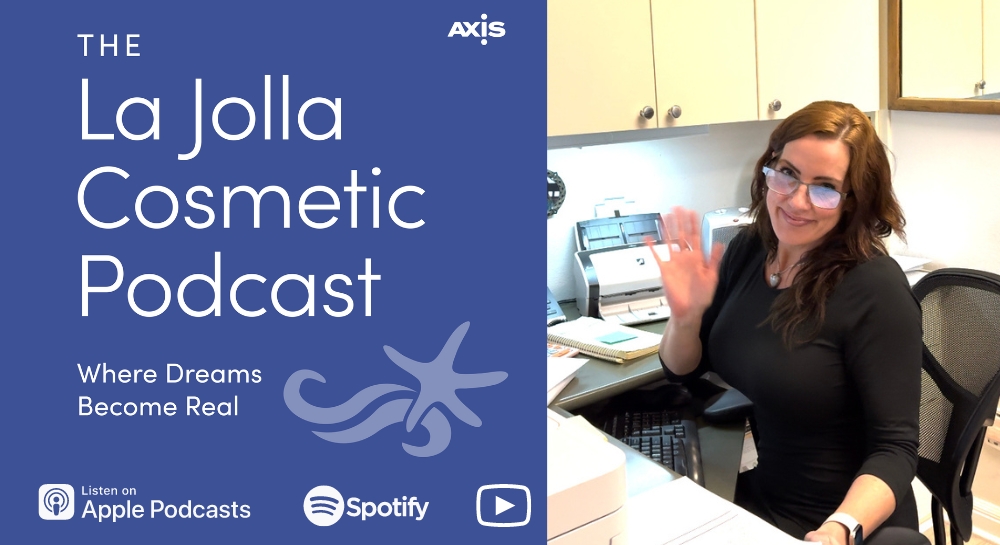 [The La Jolla Cosmetic Podcast cover art] Amy from business services waving at her desk