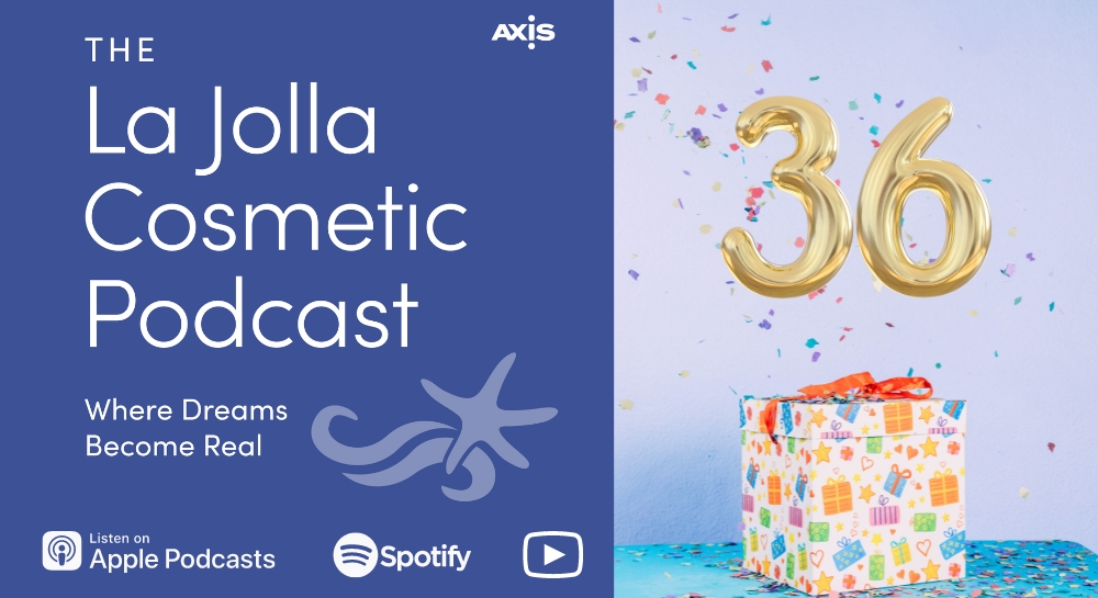 [The La Jolla Cosmetic Podcast cover art] Cake and candles with the number 36 balloons to celebrate LJC's 36th birthday