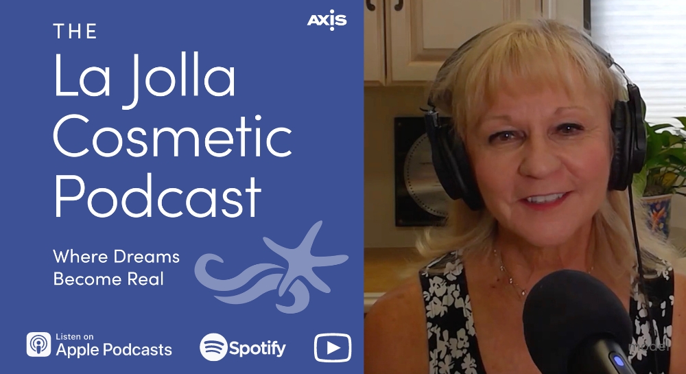 [The La Jolla Cosmetic Podcast cover art] Dr. Swistun's revision tummy tuck patient Regina smiling