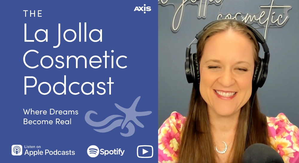 [The La Jolla Cosmetic Podcast cover art] Dr. Swistun's mommy makeover patient Alexis smiling