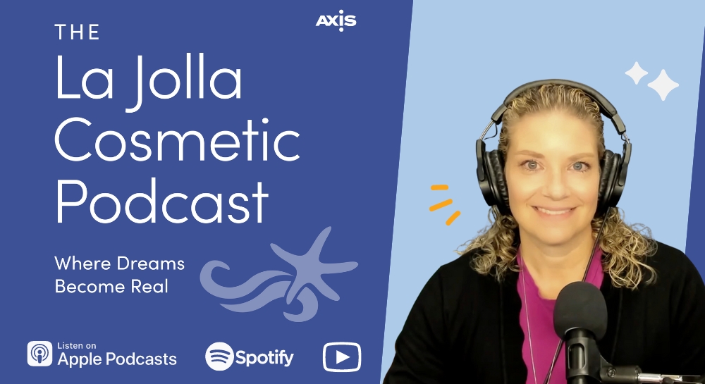 [The La Jolla Cosmetic Podcast cover art] Dr. Salazar's breast revision patient Danielle smiling