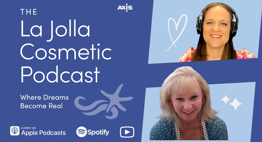 [The La Jolla Cosmetic Podcast cover art] Dr. Swistun's patients Regina and Alexis smiling