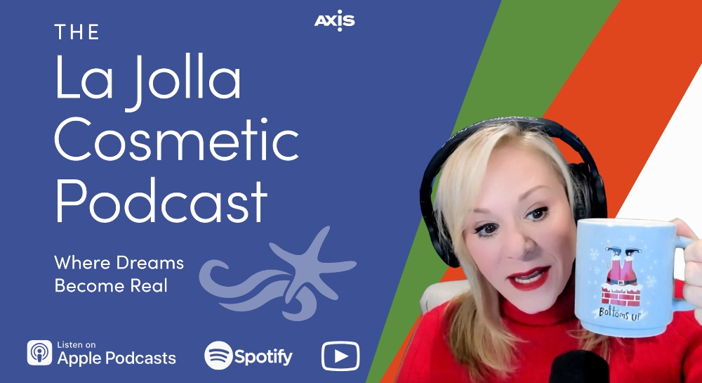 [The La Jolla Cosmetic Podcast cover art] Monique with her festive coffee mug
