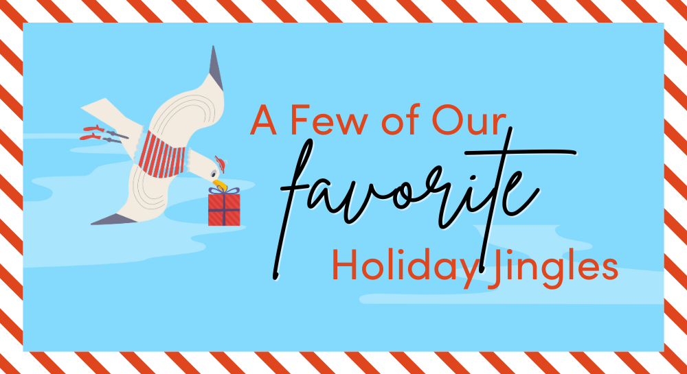 Graphic of seagull bringing a holiday gift. [A Few of Our Favorite Holiday Jingles]