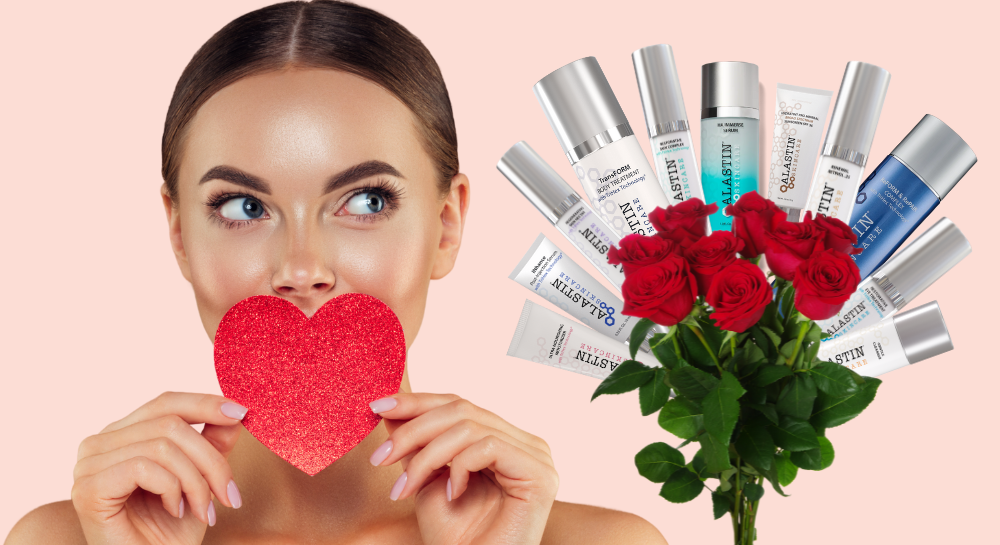 Brunette woman holding a red paper heart in front of her mouth and a bouquet of red roses and Alastin skincare added to the bouquet.