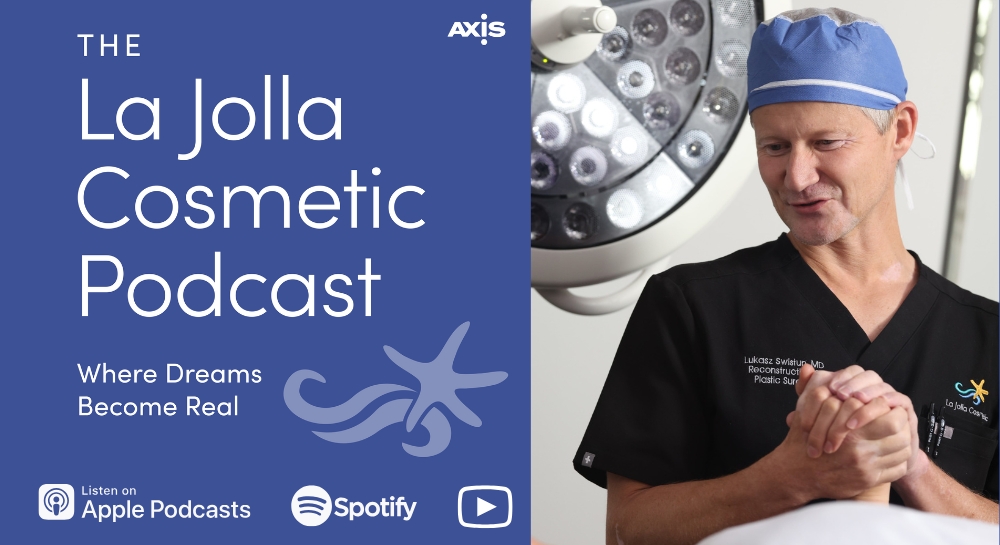 [The La Jolla Cosmetic Podcast cover art] San Diego plastic surgeon Dr. Luke Swistun reassuring a parient in the OR