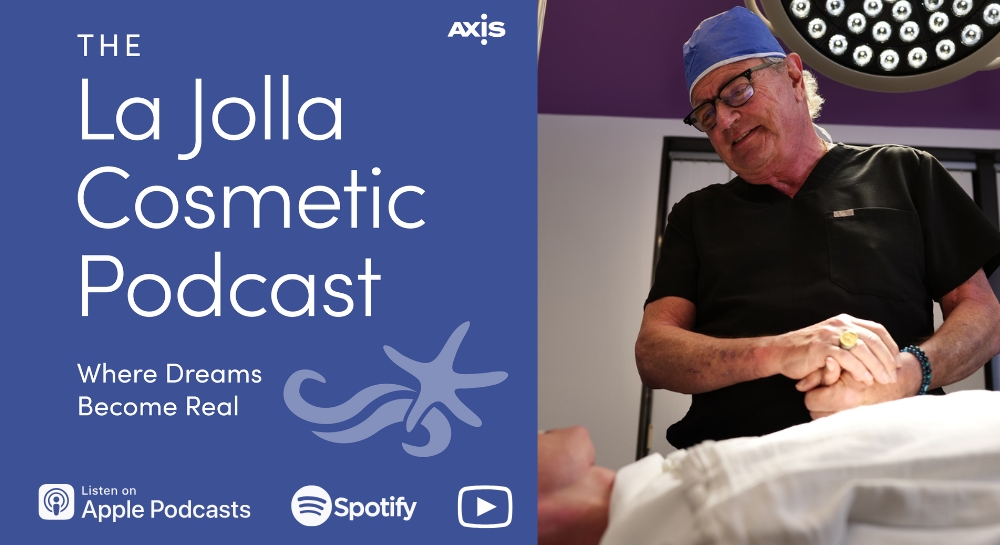 [The La Jolla Cosmetic Podcast cover art] San Diego plastic surgeon Dr. Johan Brahme reassuring a patient in the OR