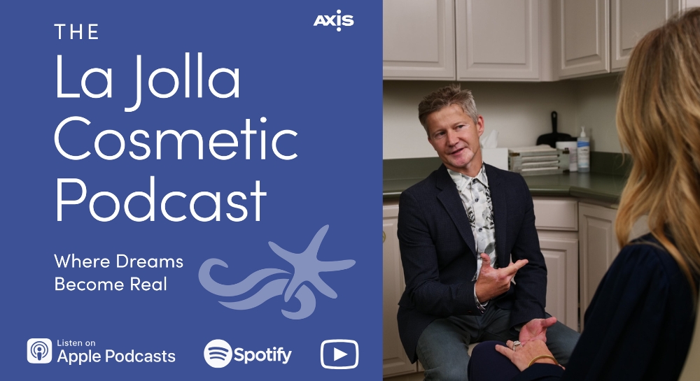 [The La Jolla Cosmetic Podcast cover art] San Diego plastic surgeon Dr. Luke Swistun with a patient during a consultation