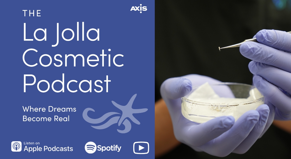 [The La Jolla Cosmetic Podcast cover art] San Diego plastic surgeon Dr. Hector Salazar-Reyes holding a hair follicle