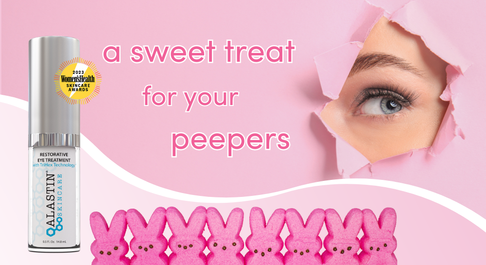 A woman's eye peeking through a torn pink piece of paper. Image of Alastin Restorative Eye Treatment, pink marshmallow peeps [a sweet treat for your peepers]