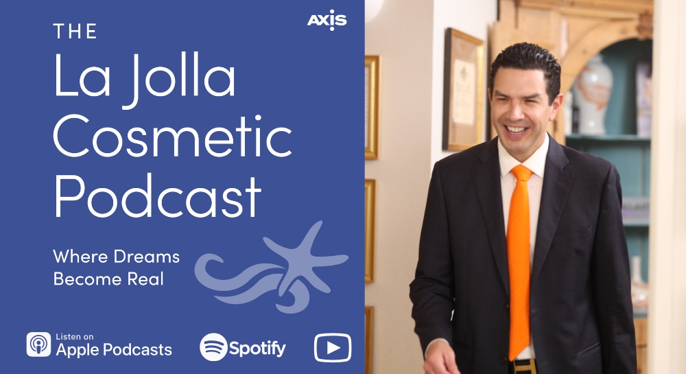[The La Jolla Cosmetic Podcast cover art] San Diego plastic surgeon Dr. Hector Salazar walking into a patient consultation