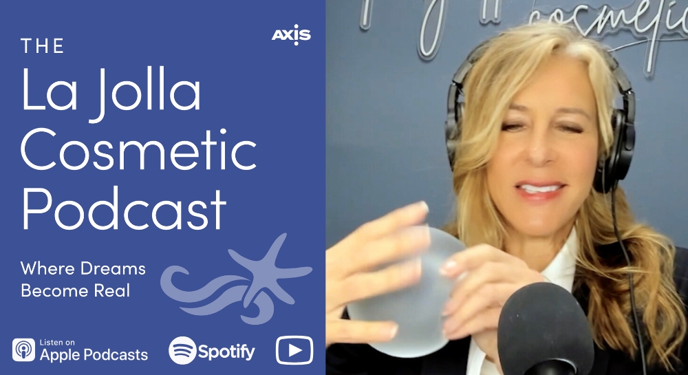 [The La Jolla Cosmetic Podcast cover art] Dr. Diana Breister holding a Motiva SmoothSilk Ergonomix breast implant
