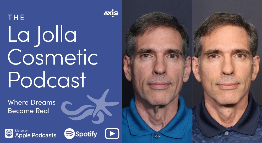 [The La Jolla Cosmetic Podcast cover art] Male patient before (left) and after (right) facelift with Dr. Johan Brahme