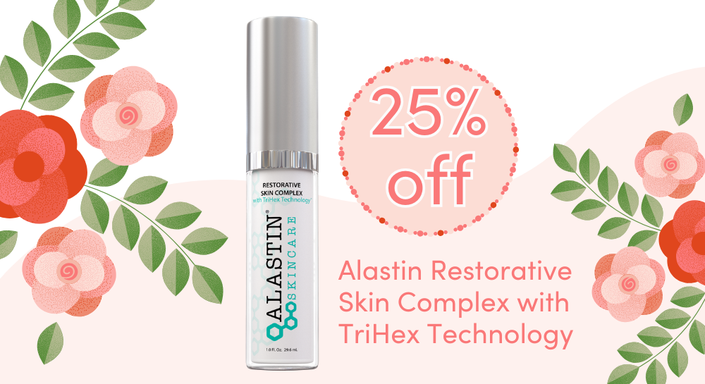 Picutre of Alastin Restorative Skin Complex with graphic flowers and a 25% off badge