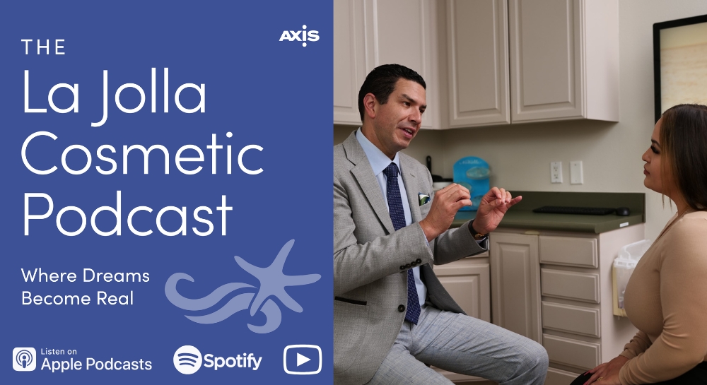 [The La Jolla Cosmetic Podcast cover art] Dr. Hector Salazar talking to a patient during a consultation