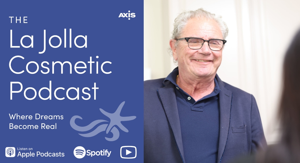 [The La Jolla Cosmetic Surgery Podcast cover art] Dr. Johan Brahme smiling at a female patient during a consultation