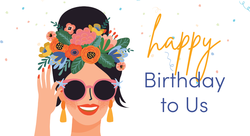 Graphic of brunette wearing sunglasses and confetti falling [Happy Birthday to Us!]