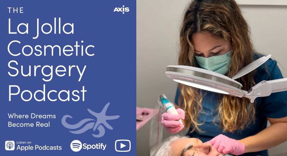 [The La Jolla Cosmetic Surgery Podcast cover art] Medical & cosmetic tattoo artist Vanessa Dougherty tattooing a woman