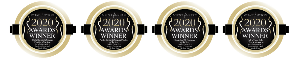 Four My Face My Body 2020 Awards Winner badges for Global Cosmetic Surgery Practice of the Year, Plastic Cosmetic Surgery Practice of the Year, Marketing/PR Campaign of the Year, and Hall of Fame Entry for Lifetime Achievement, all awarded to La Jolla Cosmetic Surgery Centre.